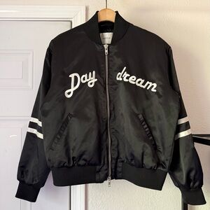 GESTUZ black white satin full zip up long sleeve bomber jacket